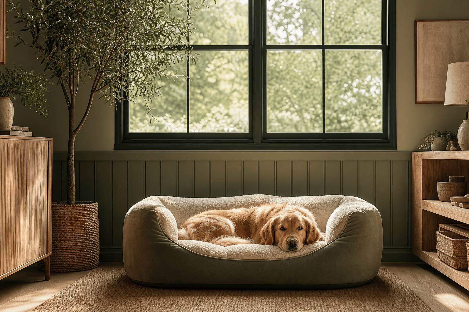 Golden dog resting in a plush bed in a cozy boarding room