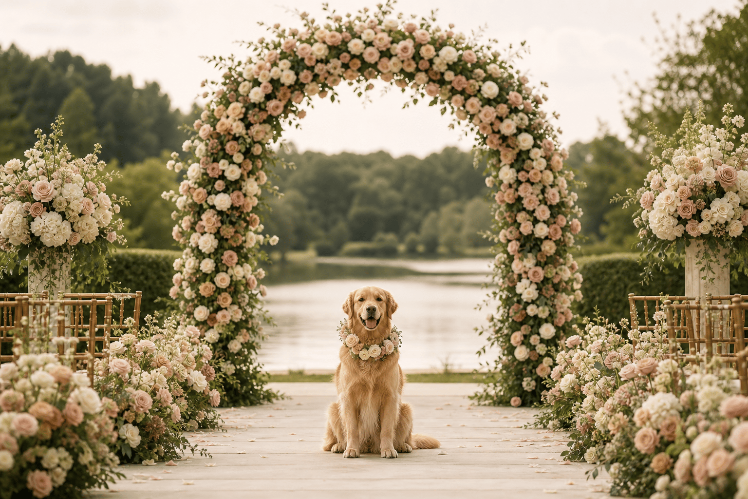 Golden dog sitting beneath a floral wedding arch
