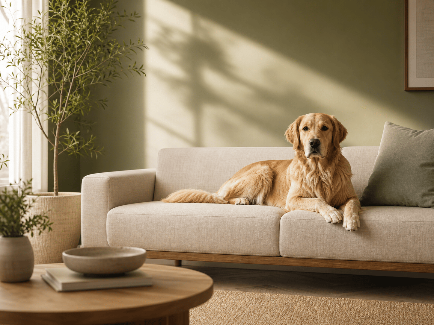 Golden retriever resting on a linen sofa in a calm sage and cream living room.