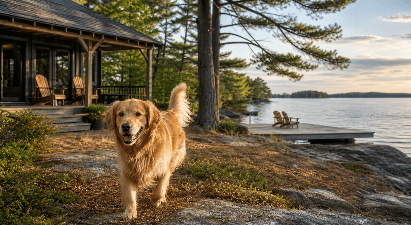 Golden retriever roaming outside beside a Muskoka lake cottage at golden hour.