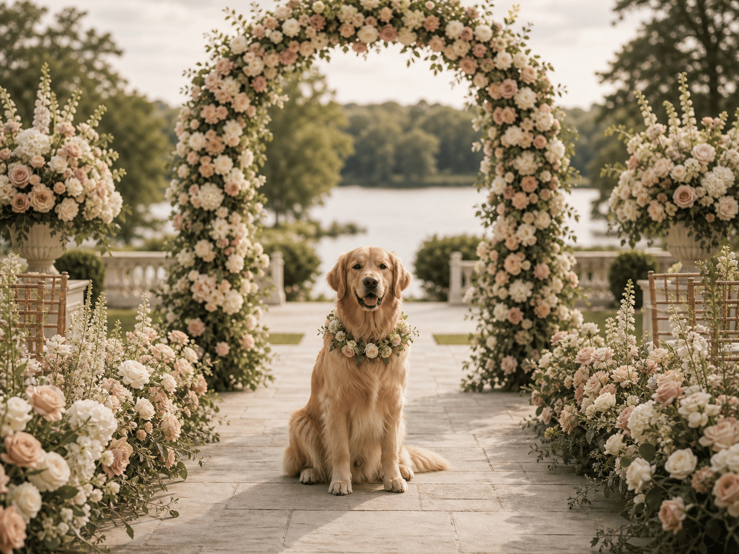 Golden retriever sitting beneath a floral wedding arch at an elegant lakeside ceremony.